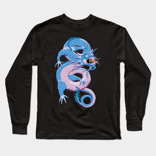 Blue Chinese Dragon Long Sleeve T-Shirt by TMBTM